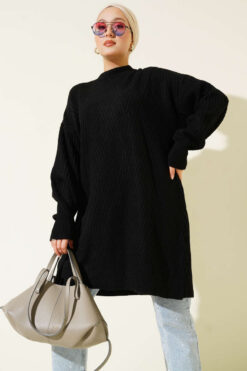Alternative view of Asymmetrical Embossed Striped Knit Tunic Black