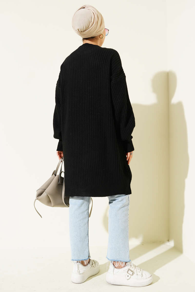 Asymmetrical Embossed Striped Knit Tunic Black - الصورة 3