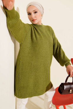 Asymmetrical Embossed Striped Knit Tunic Oil Green