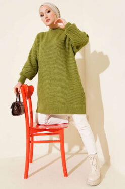 Alternative view of Asymmetrical Embossed Striped Knit Tunic Oil Green