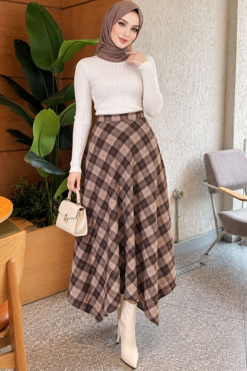 Asymmetrical Checkered Hem Edge Skirt Beige - Imagen 2