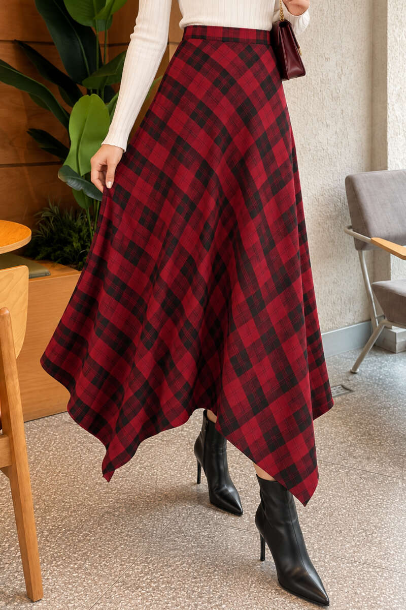 Asymmetrical Checkered Hem Edge Skirt Burgundy