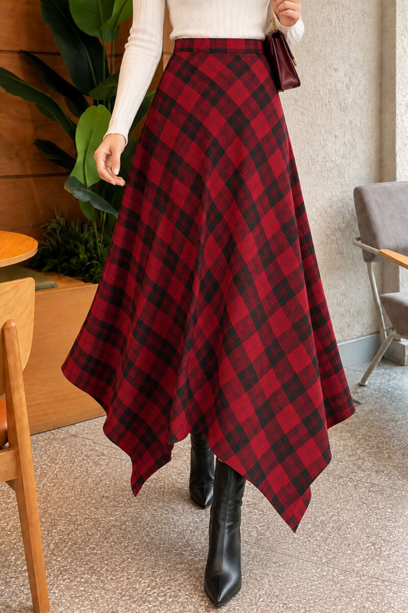 Asymmetrical Checkered Hem Edge Skirt Burgundy - الصورة 3