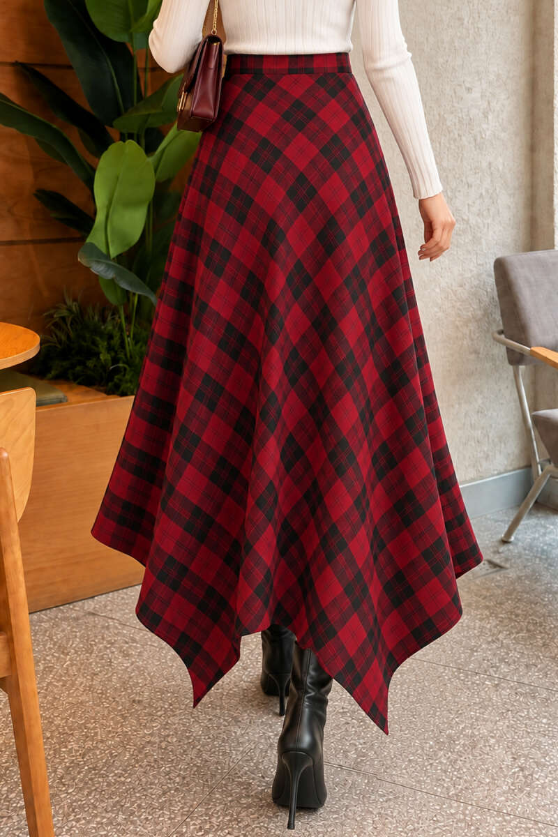 Asymmetrical Checkered Hem Edge Skirt Burgundy - الصورة 4