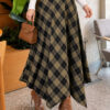 Asymmetrical Checkered Hem Edge Skirt Khaki - Afbeelding 3