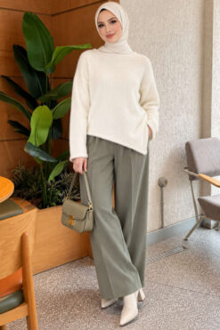 Alternative view of Asymmetrical Hem French Terry Knit Sweater Beige