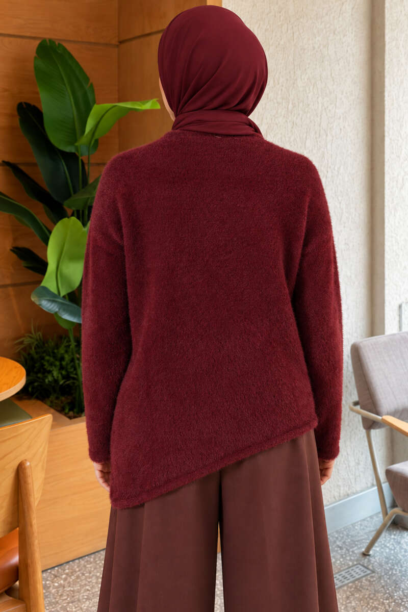 Asymmetrical Hem French Terry Knit Sweater Burgundy - الصورة 4