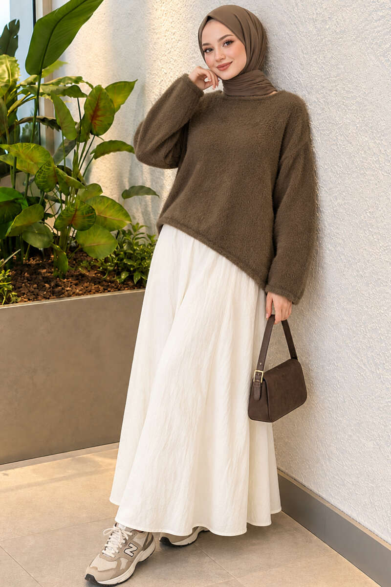 Asymmetrical Hem French Terry Knit Sweater Khaki - الصورة 2