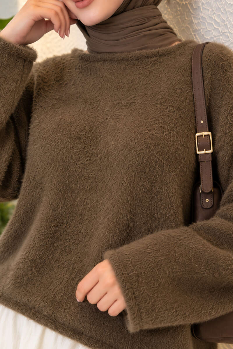 Asymmetrical Hem French Terry Knit Sweater Khaki - الصورة 4