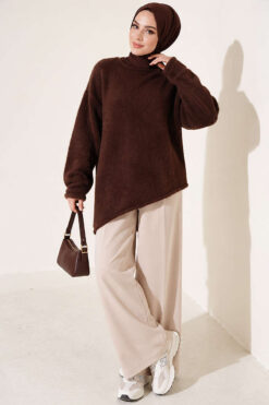 Alternative view of Asymmetrical Hem French Terry Knit Sweater Brown