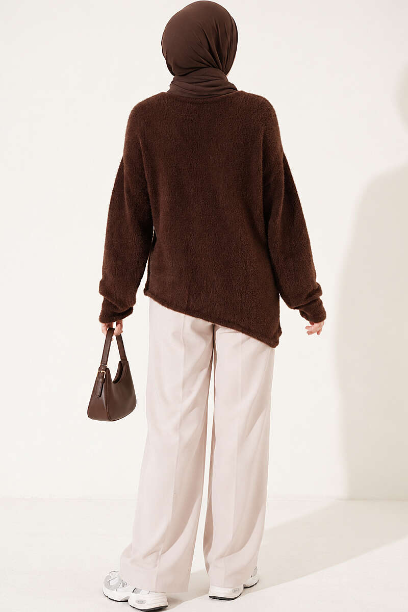 Asymmetrical Hem French Terry Knit Sweater Brown - Afbeelding 3