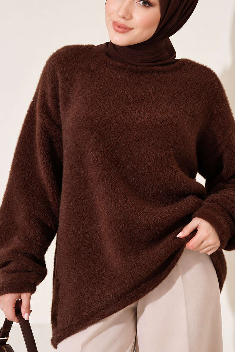 Asymmetrical Hem French Terry Knit Sweater Brown - Afbeelding 4