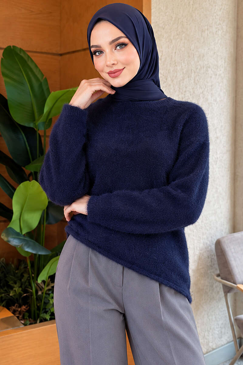 Asymmetrical Hem French Terry Knit Sweater Navy Blue