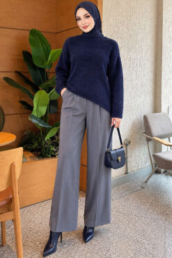 Alternative view of Asymmetrical Hem French Terry Knit Sweater Navy Blue