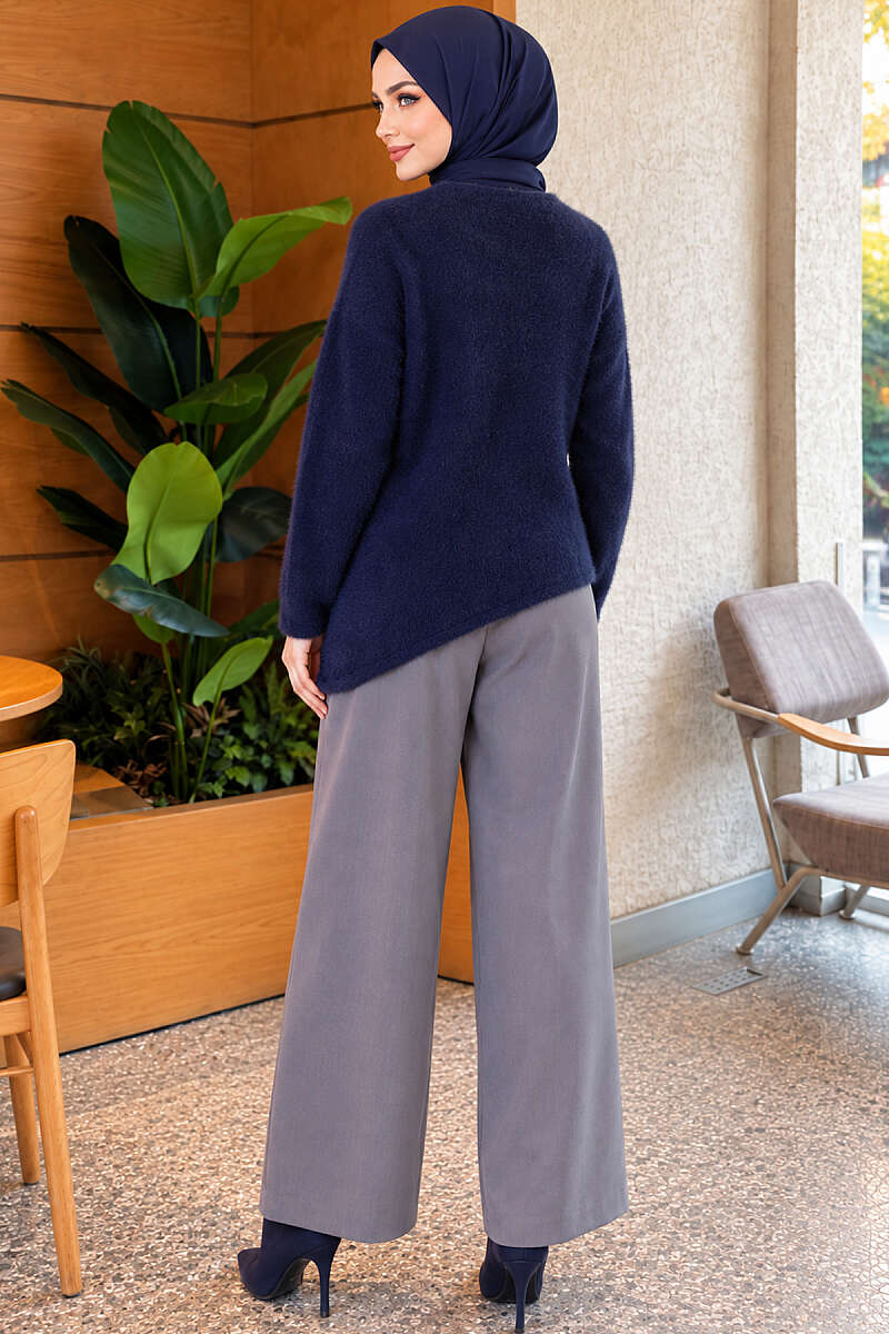 Asymmetrical Hem French Terry Knit Sweater Navy Blue - الصورة 4