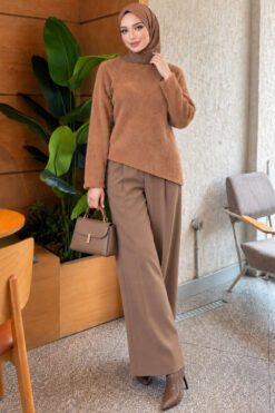 Alternative view of Asymmetrical Hem French Terry Knit Sweater Latte