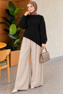 Alternative view of Asymmetrical Hem French Terry Knit Sweater Black