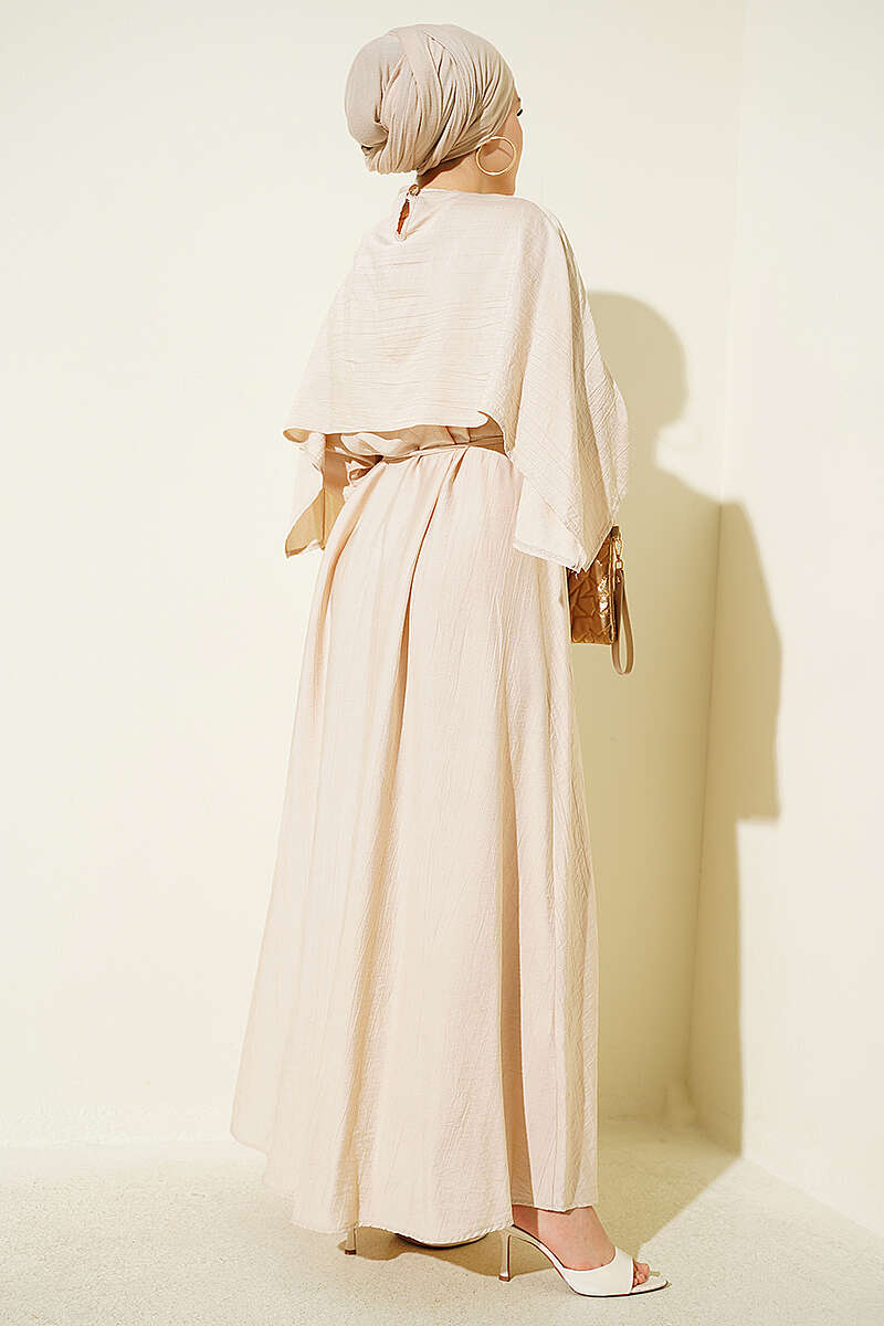 Asymmetrical Shoulder Panel Dress Beige - الصورة 3