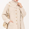 Button-Up Pocketed Knitted Cardigan with Scarf Beige