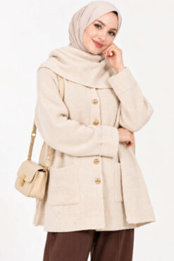 Alternative view of Button-Up Pocketed Knitted Cardigan with Scarf Beige