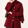 Button-Up Pocketed Knitted Cardigan with Scarf Wine Red