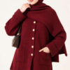 Button-Up Pocketed Knitted Cardigan with Scarf Wine Red - immagine 2