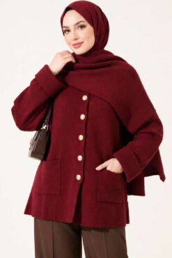 Alternative view of Button-Up Pocketed Knitted Cardigan with Scarf Wine Red