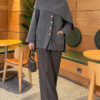 Button-Up Pocketed Knitted Cardigan with Scarf Dark Smoke - Afbeelding 2
