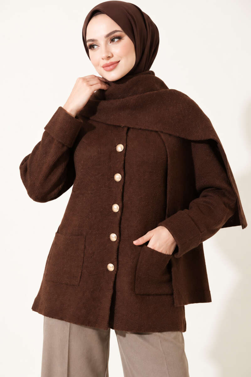 Button-Up Pocketed Knitted Cardigan with Scarf Coffee Brown