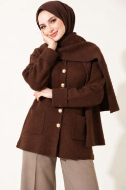 Alternative view of Button-Up Pocketed Knitted Cardigan with Scarf Coffee Brown