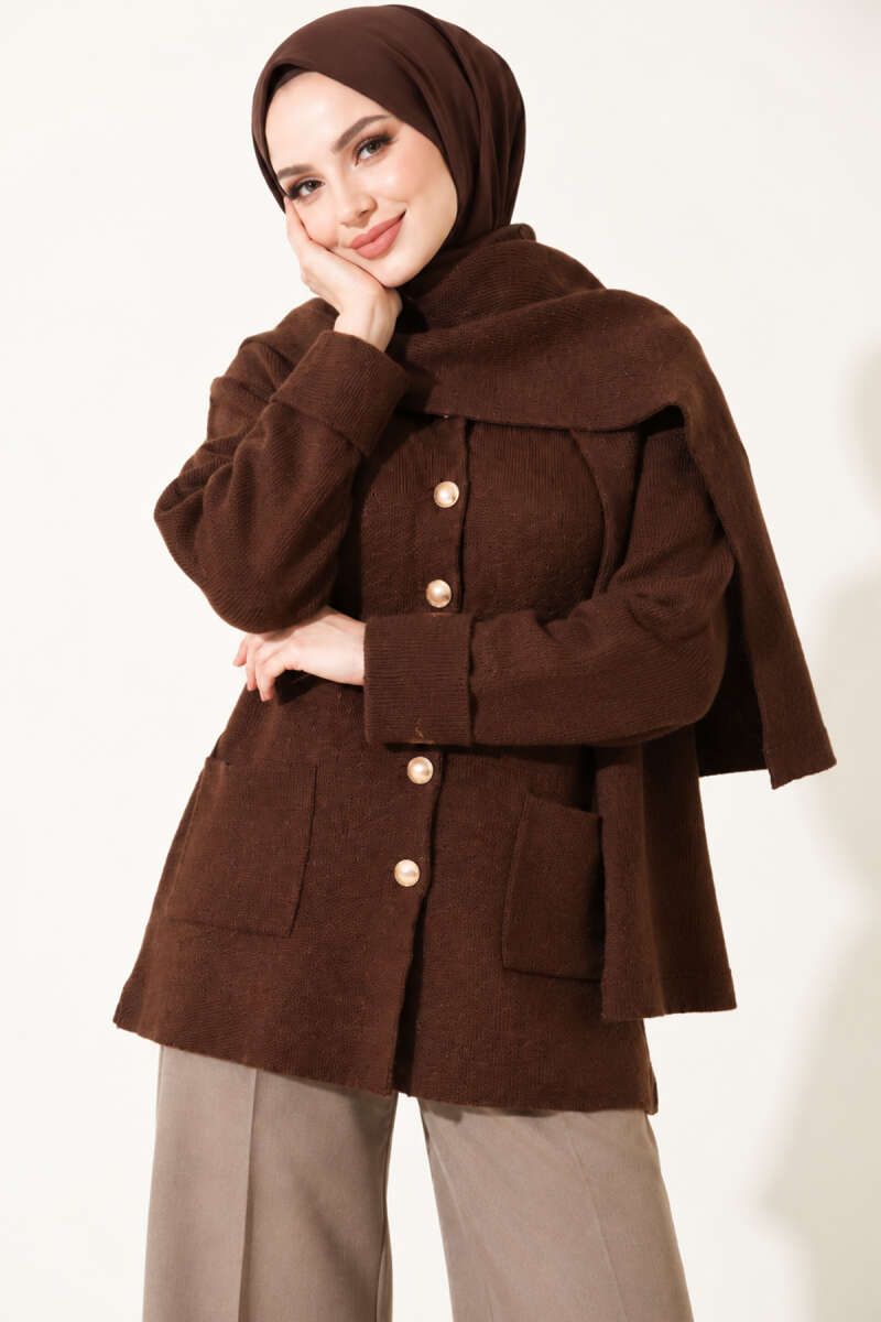 Button-Up Pocketed Knitted Cardigan with Scarf Coffee Brown - الصورة 2