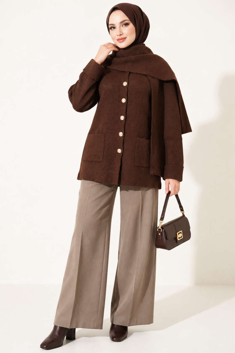 Button-Up Pocketed Knitted Cardigan with Scarf Coffee Brown - الصورة 3