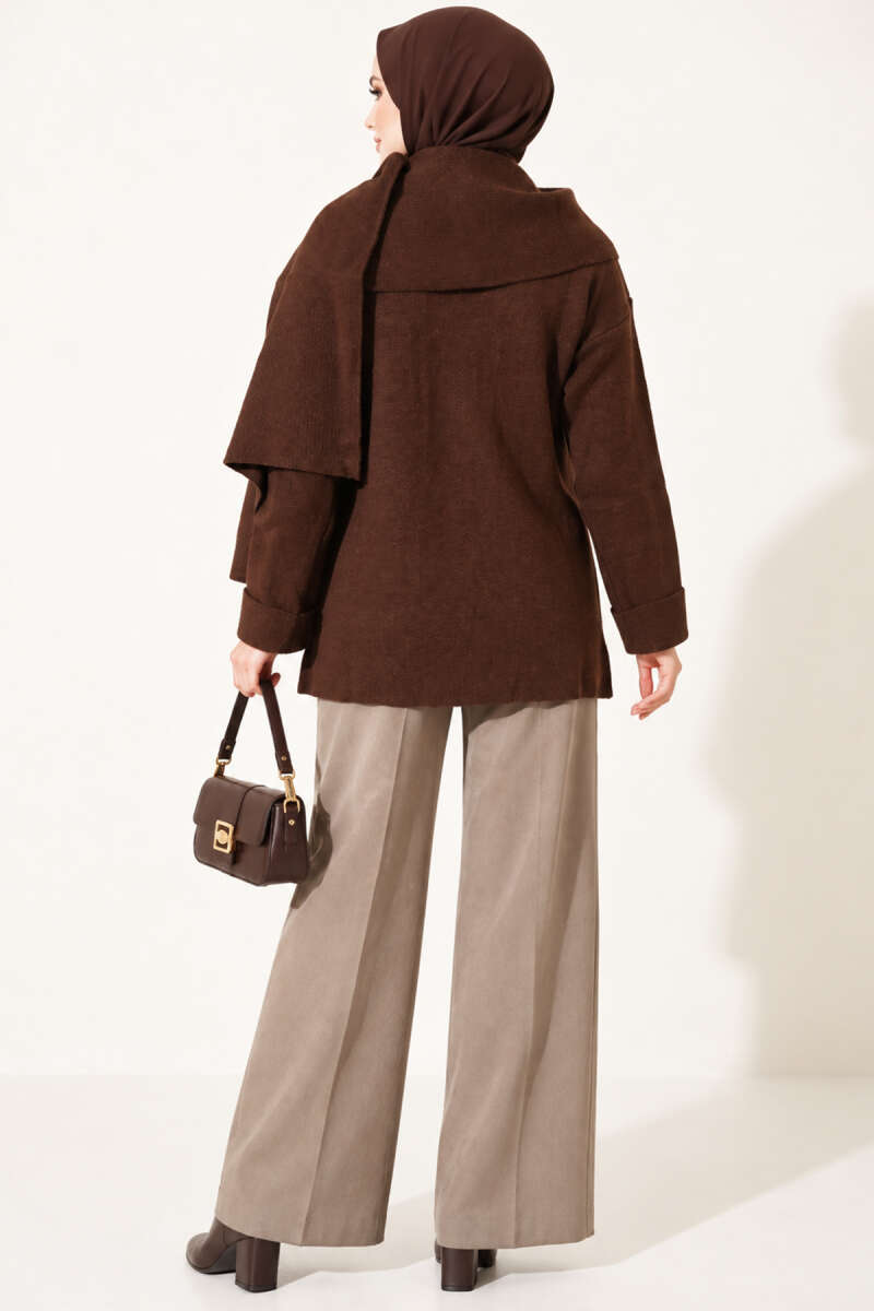 Button-Up Pocketed Knitted Cardigan with Scarf Coffee Brown - الصورة 4