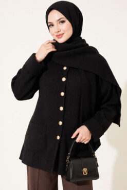 Alternative view of Button-Up Pocketed Knitted Cardigan with Scarf Black