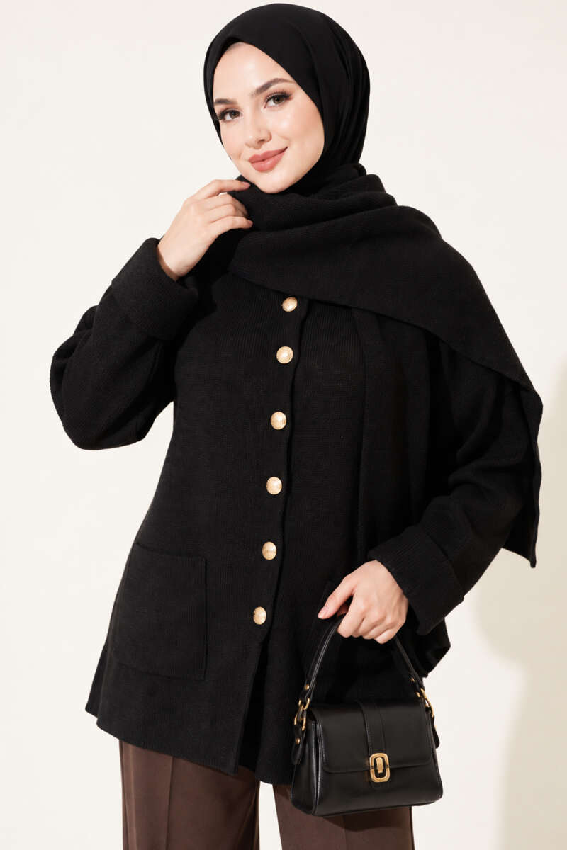 Button-Up Pocketed Knitted Cardigan with Scarf Black - الصورة 2
