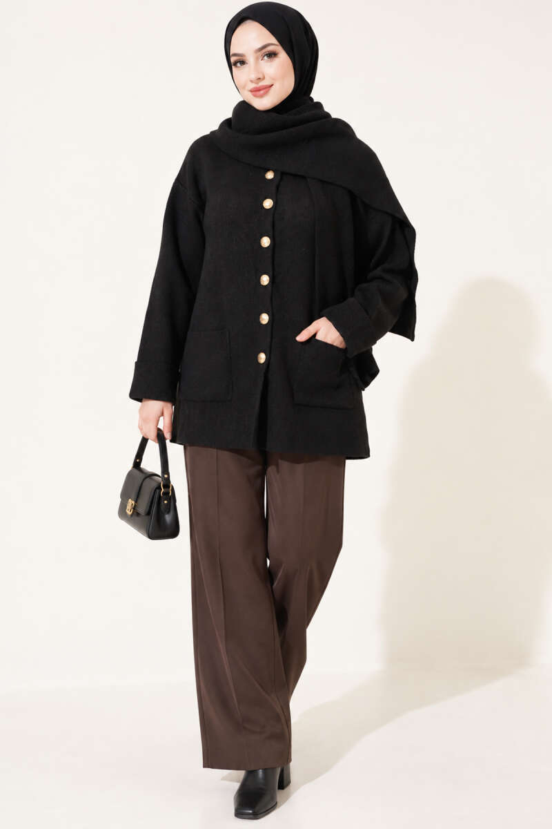 Button-Up Pocketed Knitted Cardigan with Scarf Black - الصورة 3