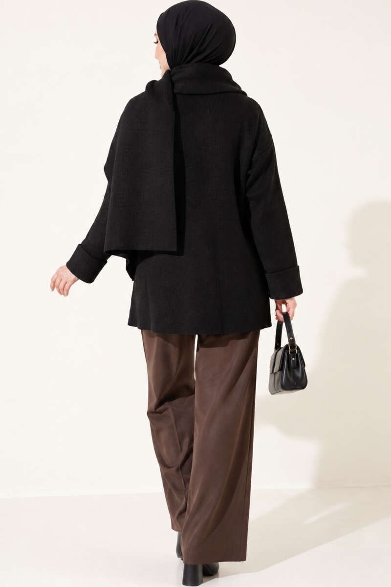 Button-Up Pocketed Knitted Cardigan with Scarf Black - الصورة 4