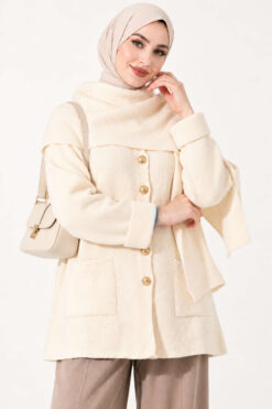 Alternative view of Button-Up Pocketed Knitted Cardigan with Scarf Taupe