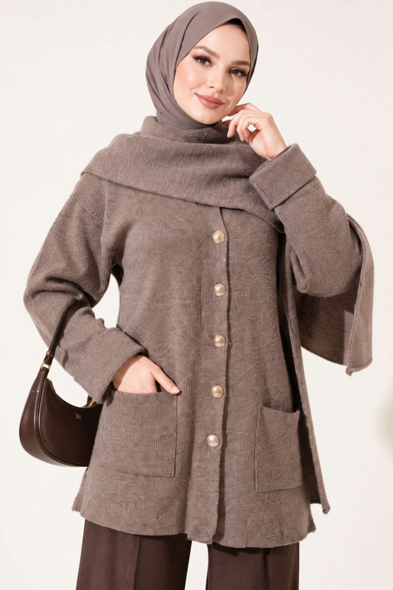 Button-Up Pocketed Knitted Cardigan with Scarf Mink - immagine 2