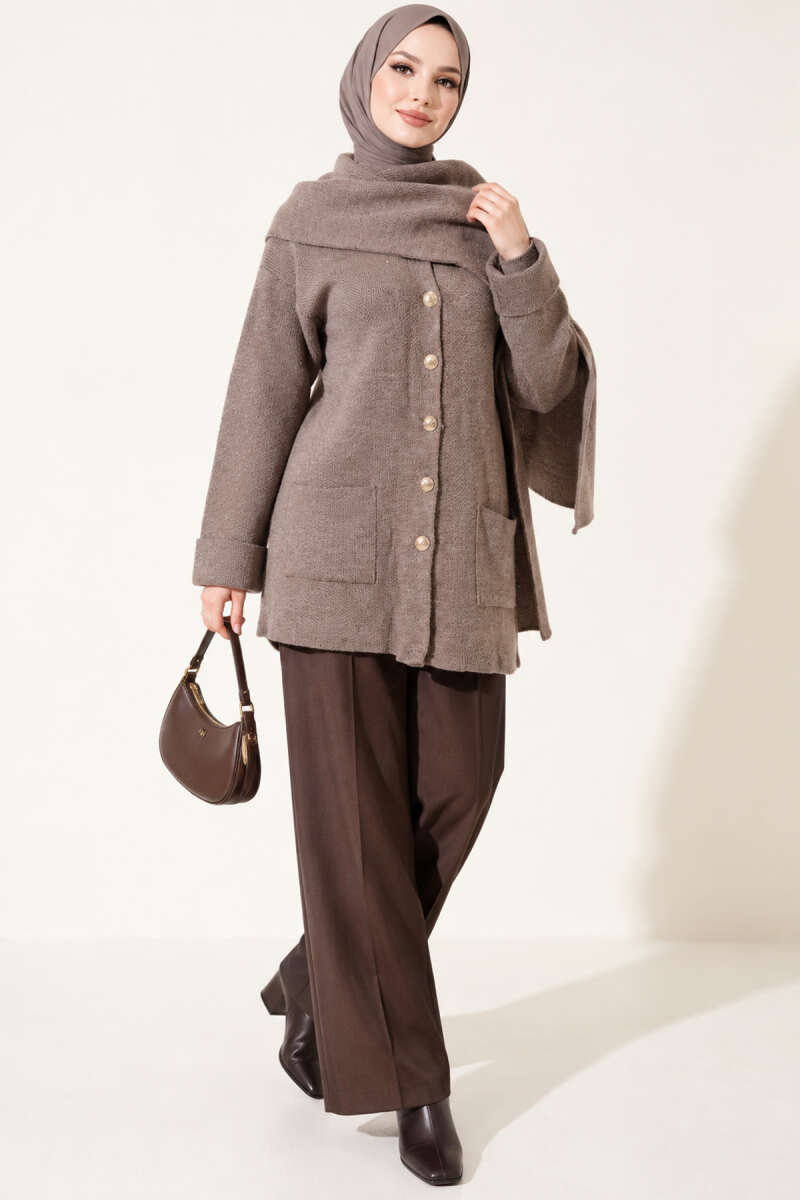 Button-Up Pocketed Knitted Cardigan with Scarf Mink - immagine 3