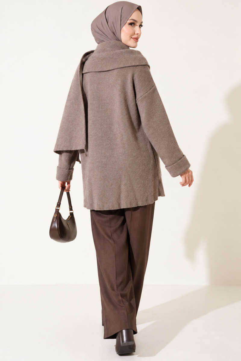 Button-Up Pocketed Knitted Cardigan with Scarf Mink - immagine 4