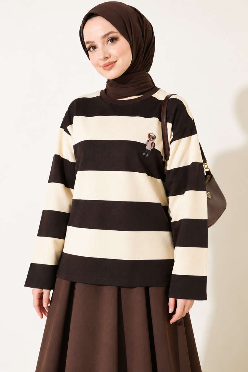 Bear-Print Striped Tunic Dark Brown