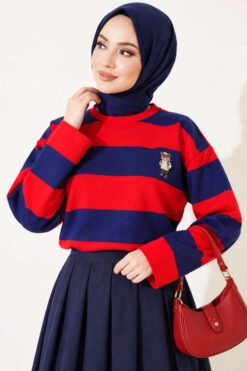 Alternative view of Bear-Print Striped Tunic Red