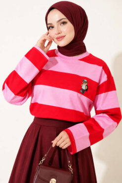 Alternative view of Bear-Print Striped Tunic Pink