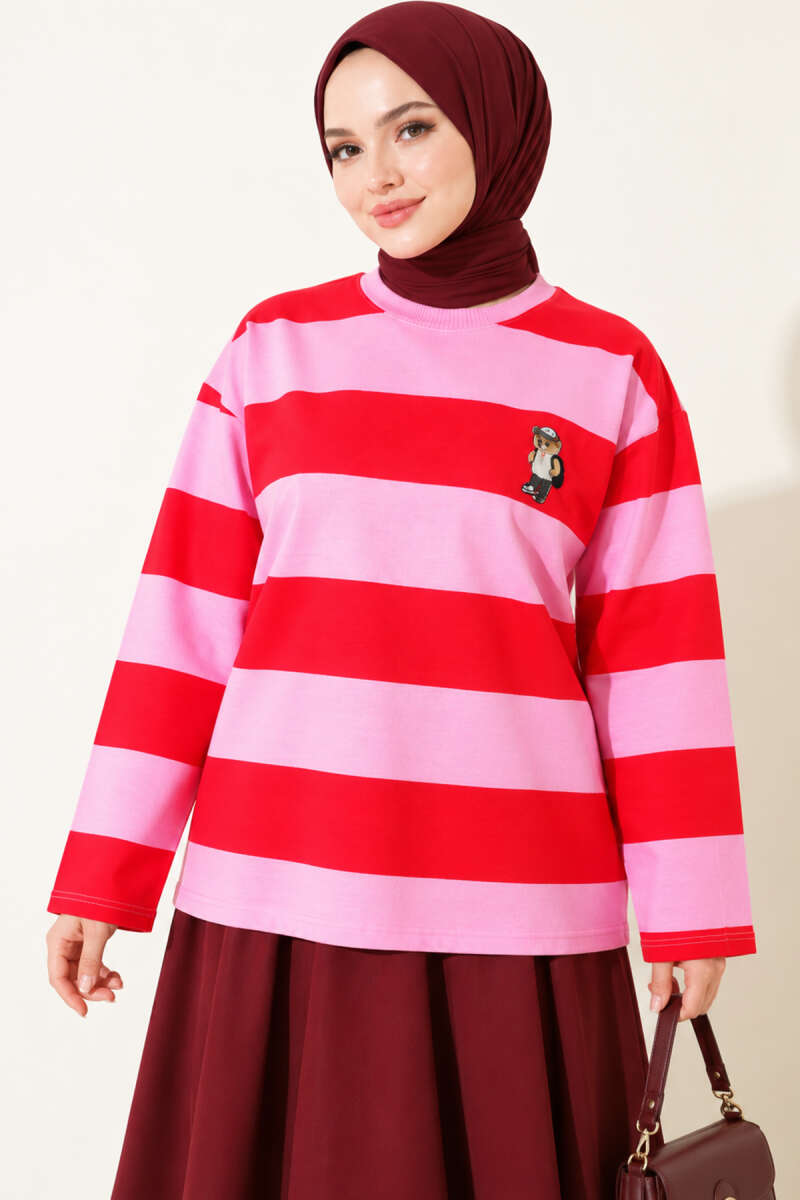 Bear-Print Striped Tunic Pink