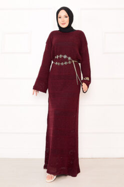 Textured Knit Dress with Honeycomb Pattern Burgundy