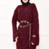 Textured Knit Dress with Honeycomb Pattern Burgundy - immagine 2