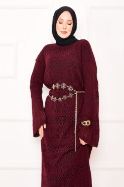 Alternative view of Textured Knit Dress with Honeycomb Pattern Burgundy