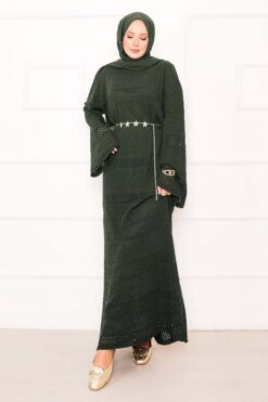 Textured Knit Dress with Honeycomb Pattern Khaki
