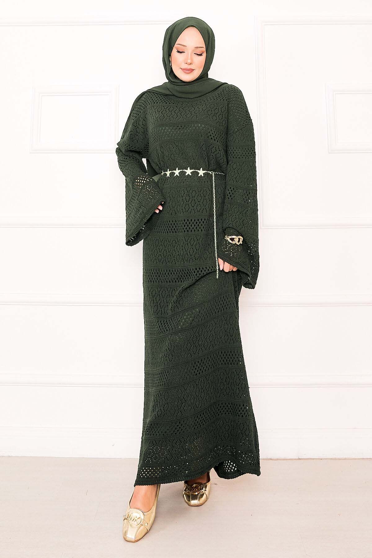 Textured Knit Dress with Honeycomb Pattern Khaki